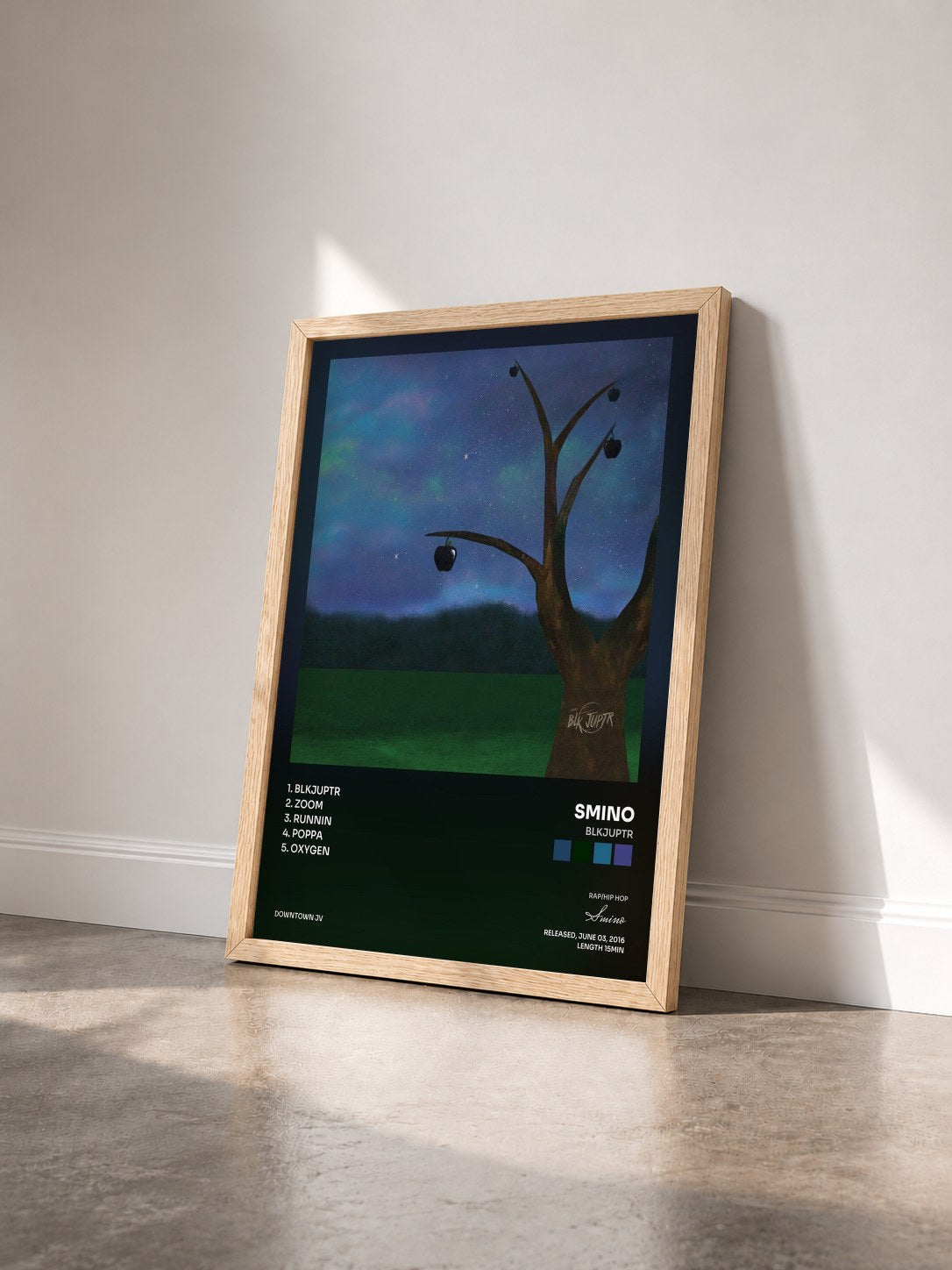 #bois Tableau de l'album blkjuptr de Smino vu de trois quarts, cadre en bois brut