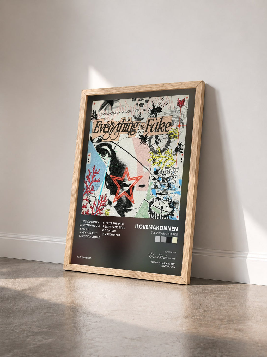 #bois Tableau de l'album Everything is Fake de ILoveMakonnen vu de trois quarts, cadre en bois brut
