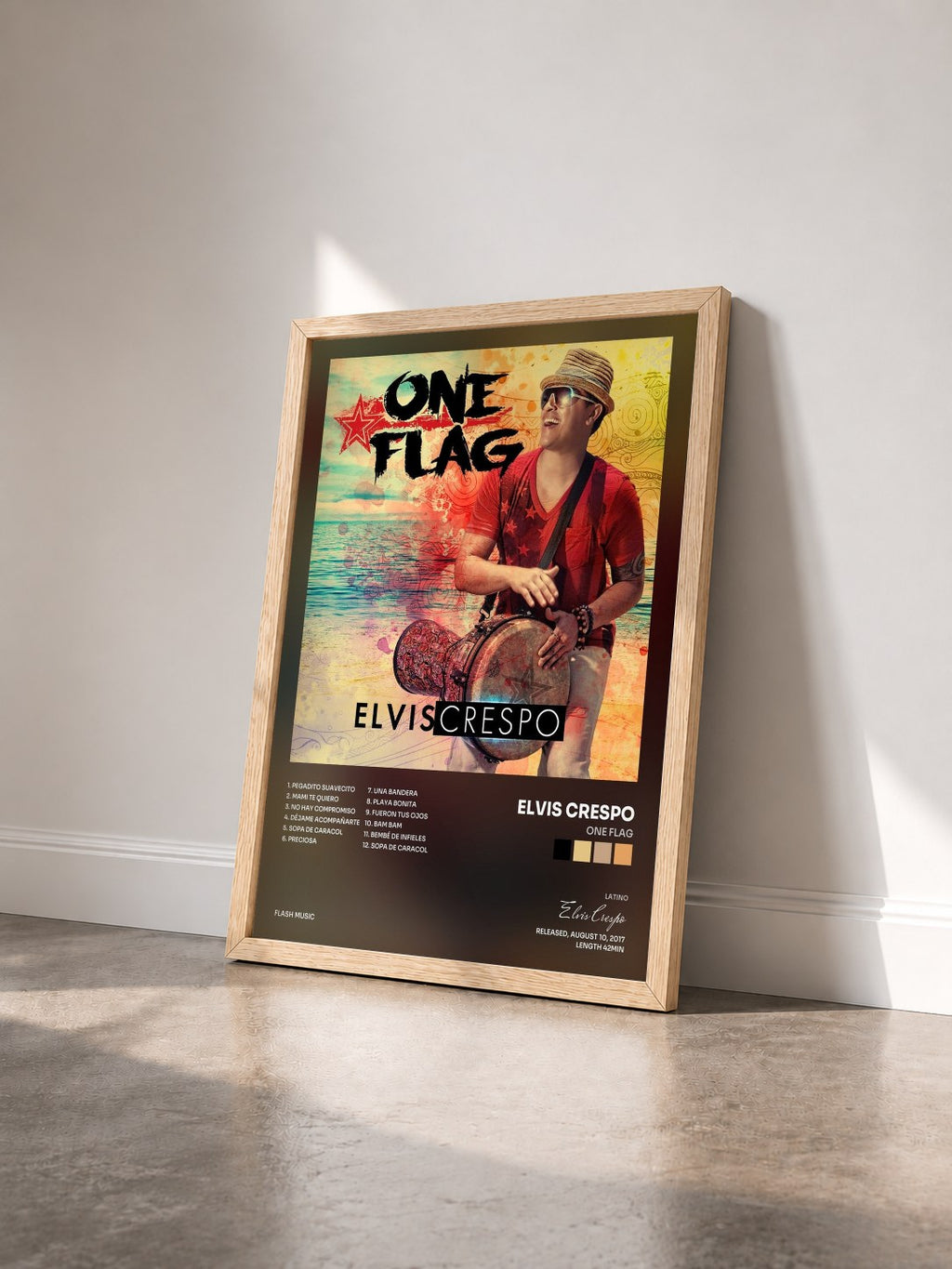 #bois Tableau de l'album One Flag de Elvis Crespo vu de trois quarts, cadre en bois brut