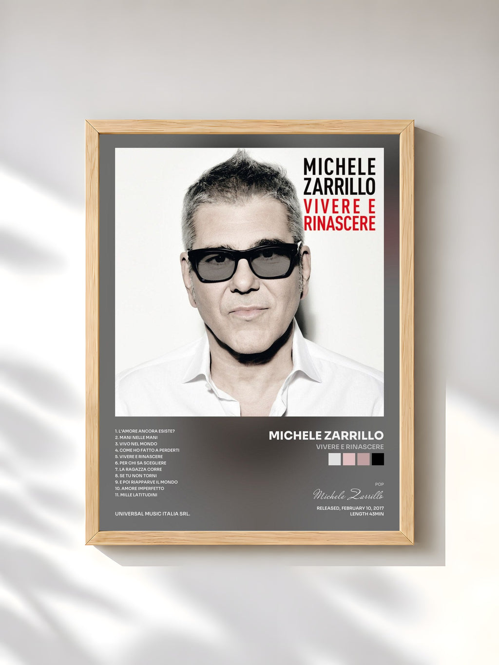 #bois Tableau de l'album Vivere E Rinascere de Michele Zarrillo, cadre en bois brut, imprimé et encadré en France