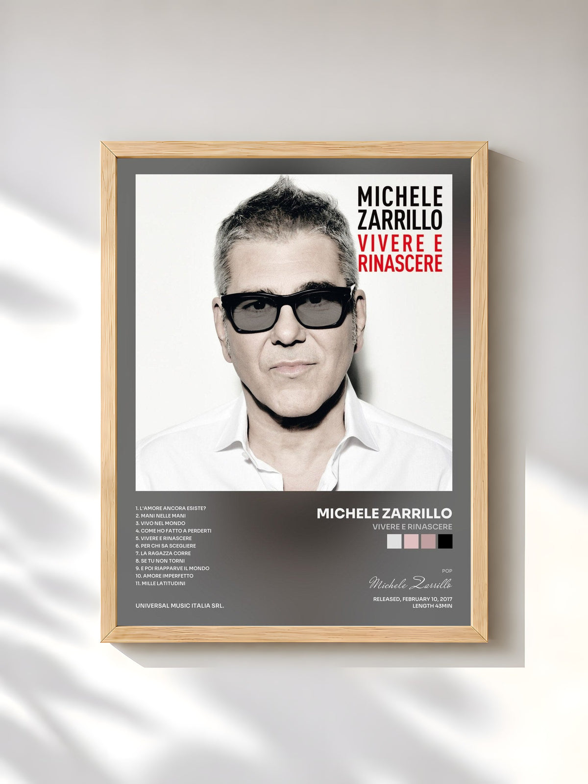 #bois Tableau de l'album Vivere E Rinascere de Michele Zarrillo, cadre en bois brut, imprimé et encadré en France