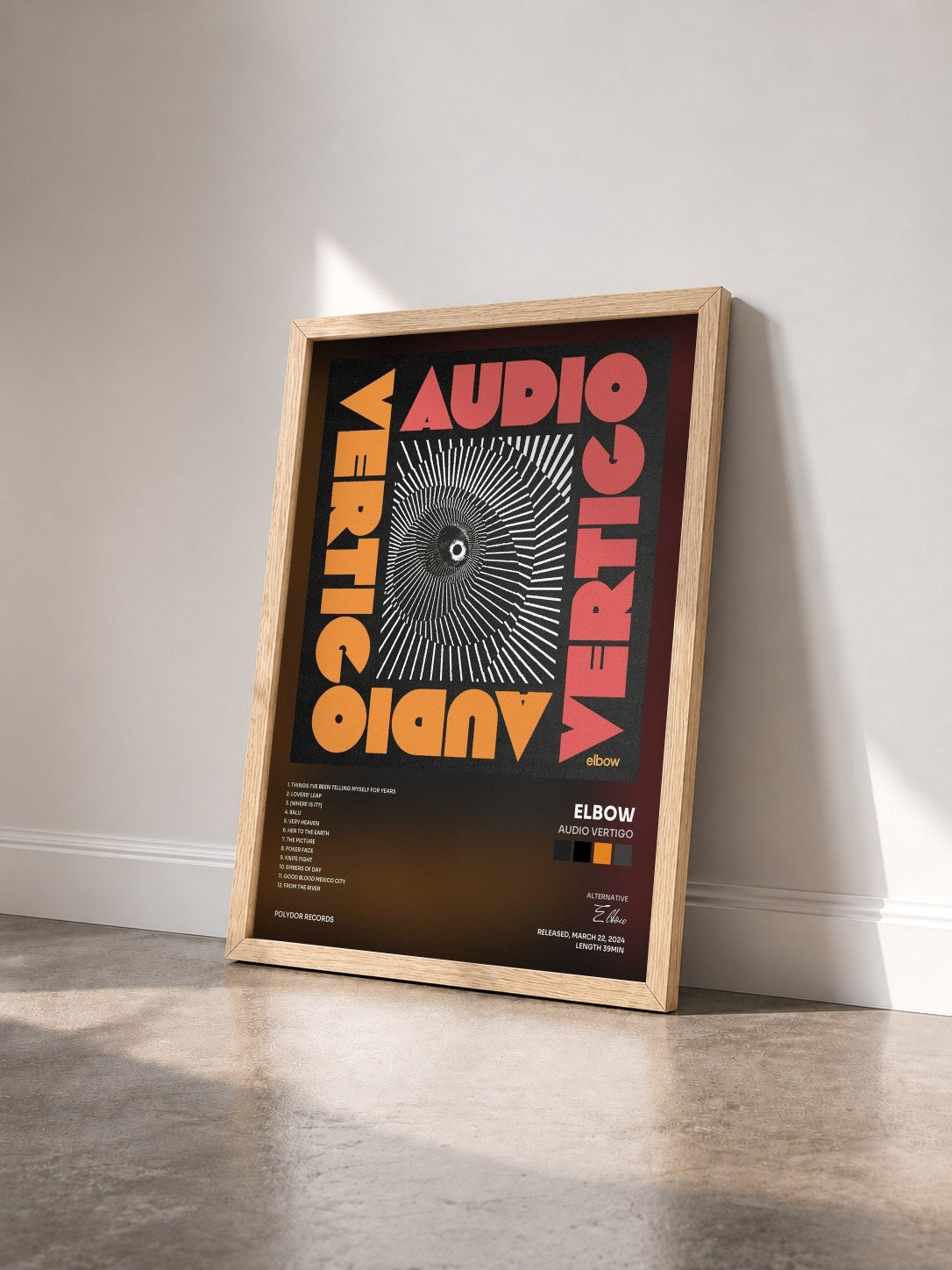 #bois Tableau de l'album AUDIO VERTIGO de Elbow vu de trois quarts, cadre en bois brut