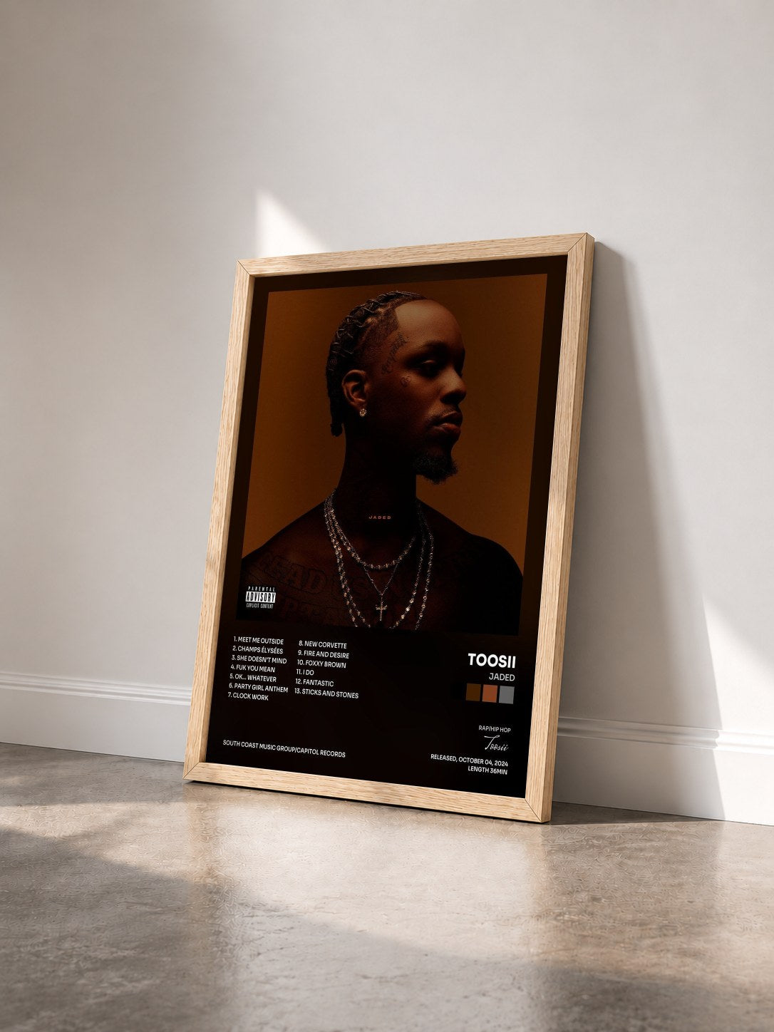 #bois Tableau de l'album JADED de Toosii vu de trois quarts, cadre en bois brut