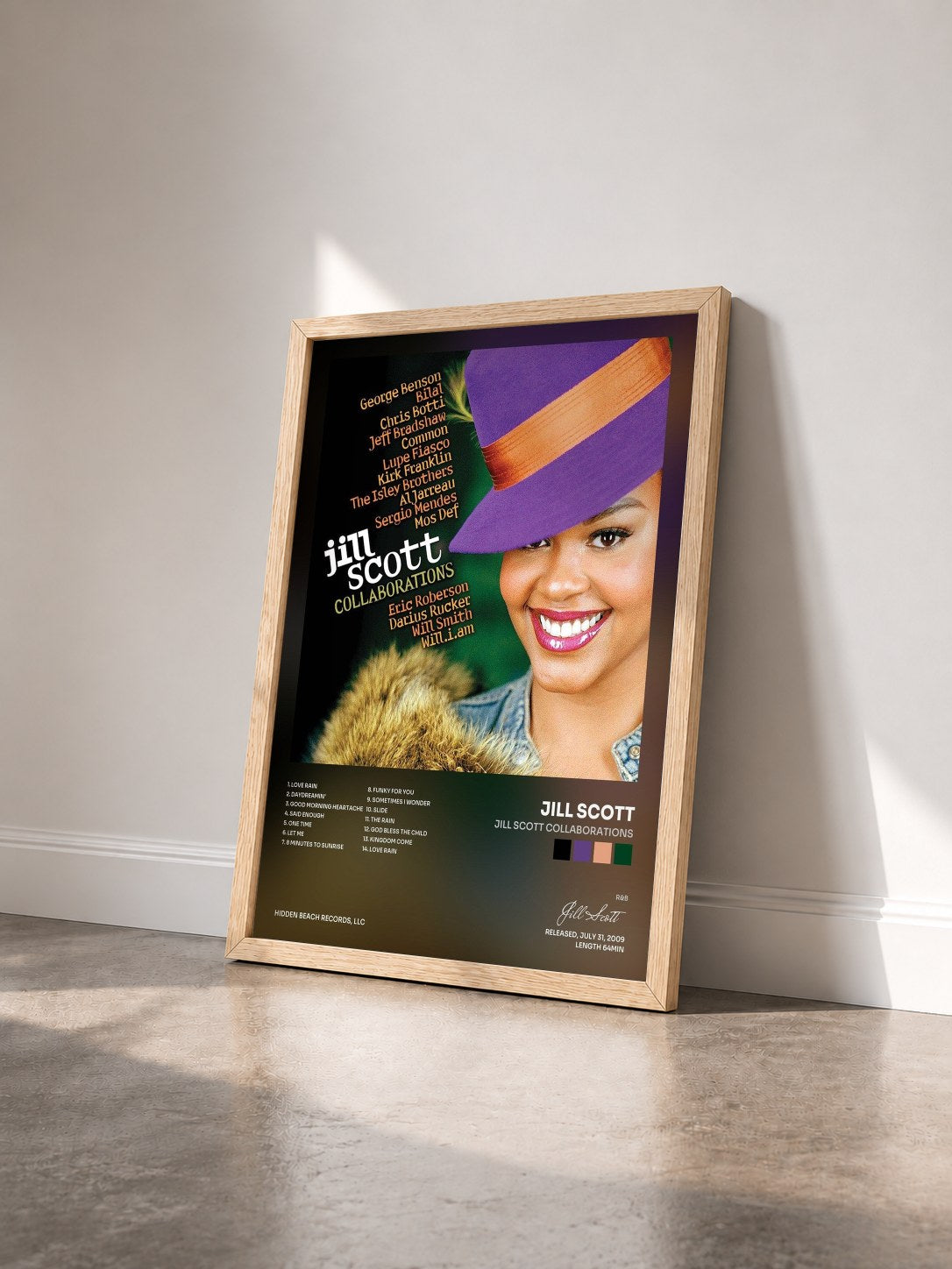 #bois Tableau de l'album Jill Scott Collaborations de Jill Scott vu de trois quarts, cadre en bois brut