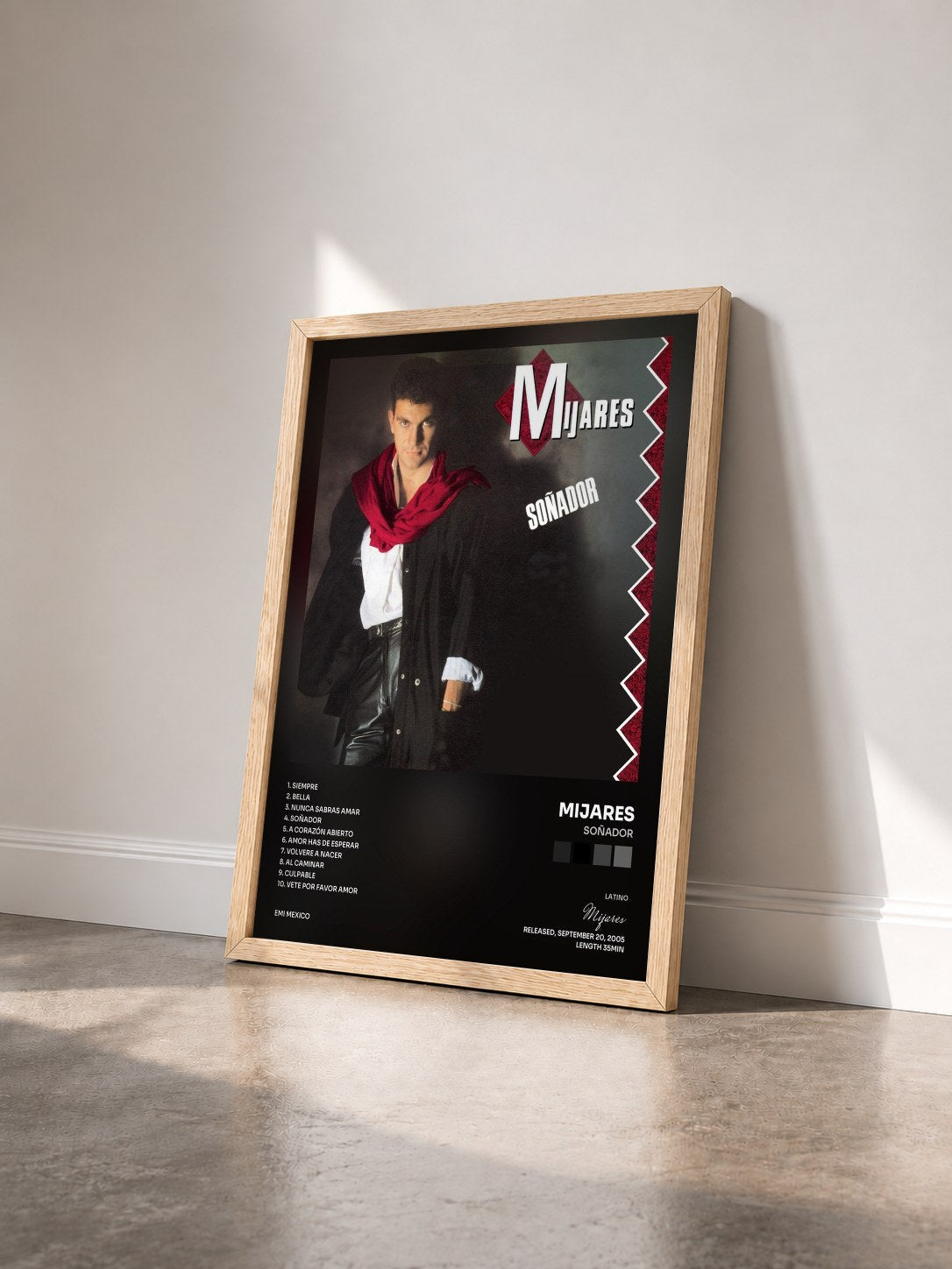 #bois Tableau de l'album Soñador de Mijares vu de trois quarts, cadre en bois brut