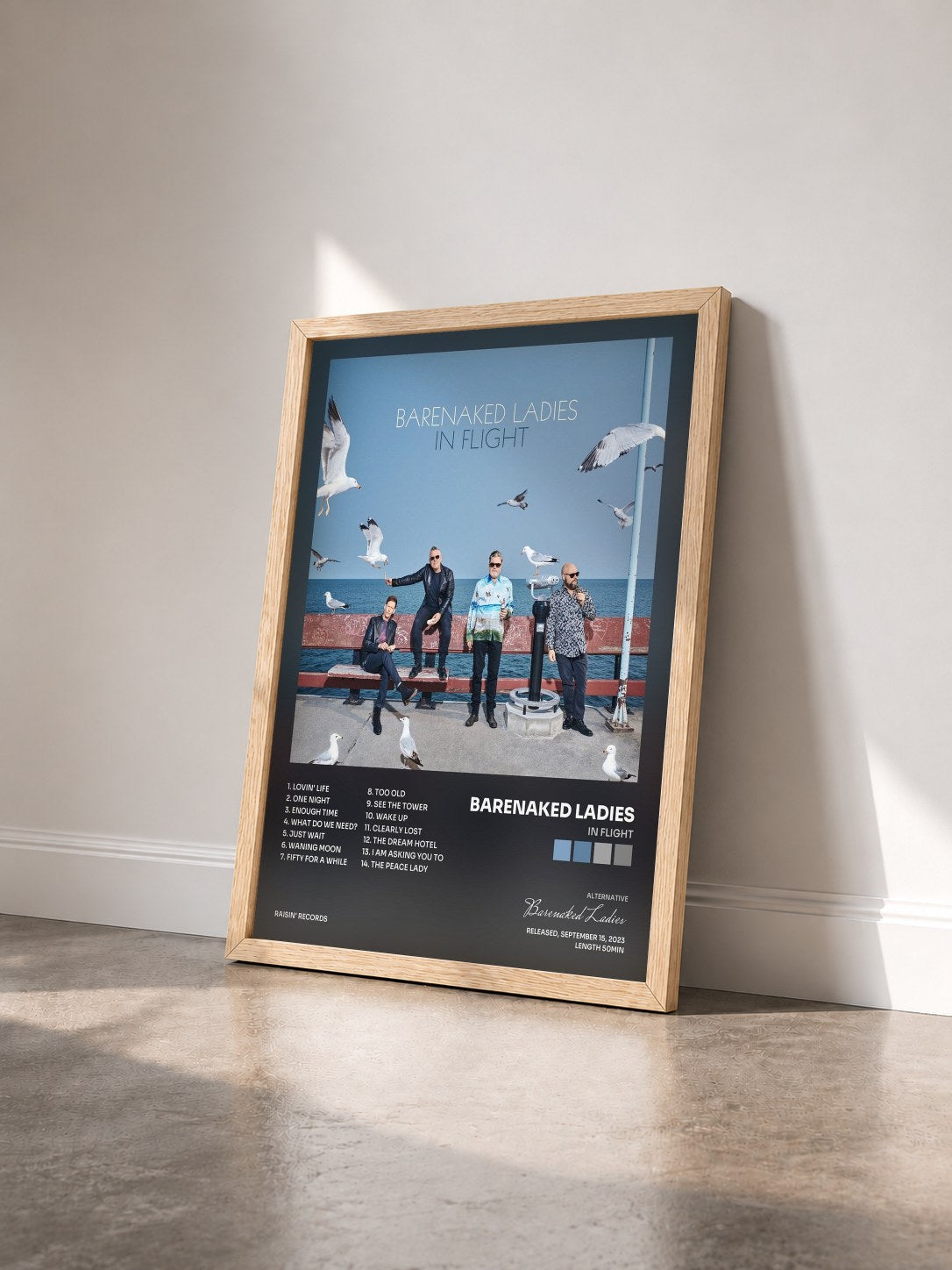 #bois Tableau de l'album In Flight de Barenaked Ladies vu de trois quarts, cadre en bois brut