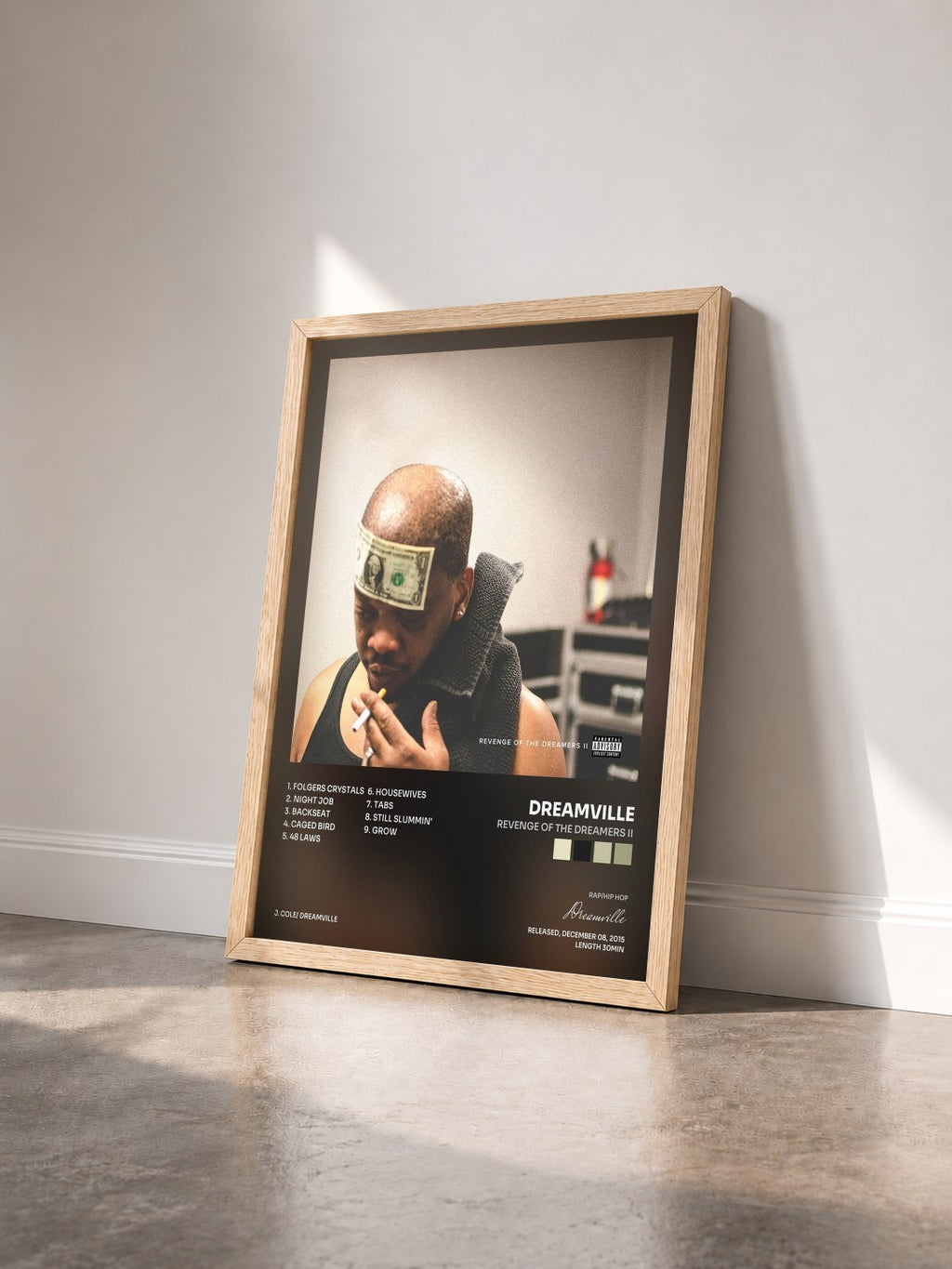 #bois Tableau de l'album Revenge Of The Dreamers II de Dreamville vu de trois quarts, cadre en bois brut
