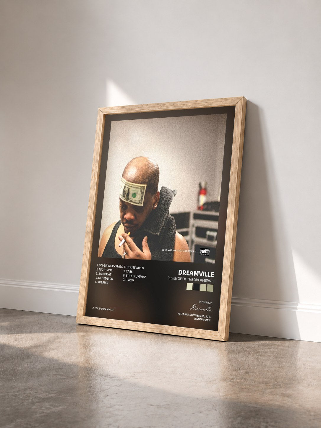 #bois Tableau de l'album Revenge Of The Dreamers II de Dreamville vu de trois quarts, cadre en bois brut