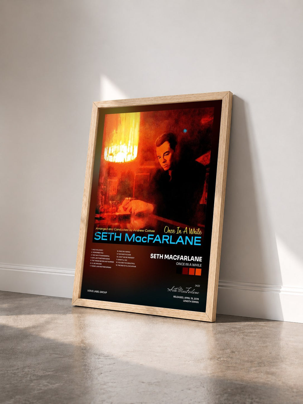 #bois Tableau de l'album Once In A While de Seth MacFarlane vu de trois quarts, cadre en bois brut