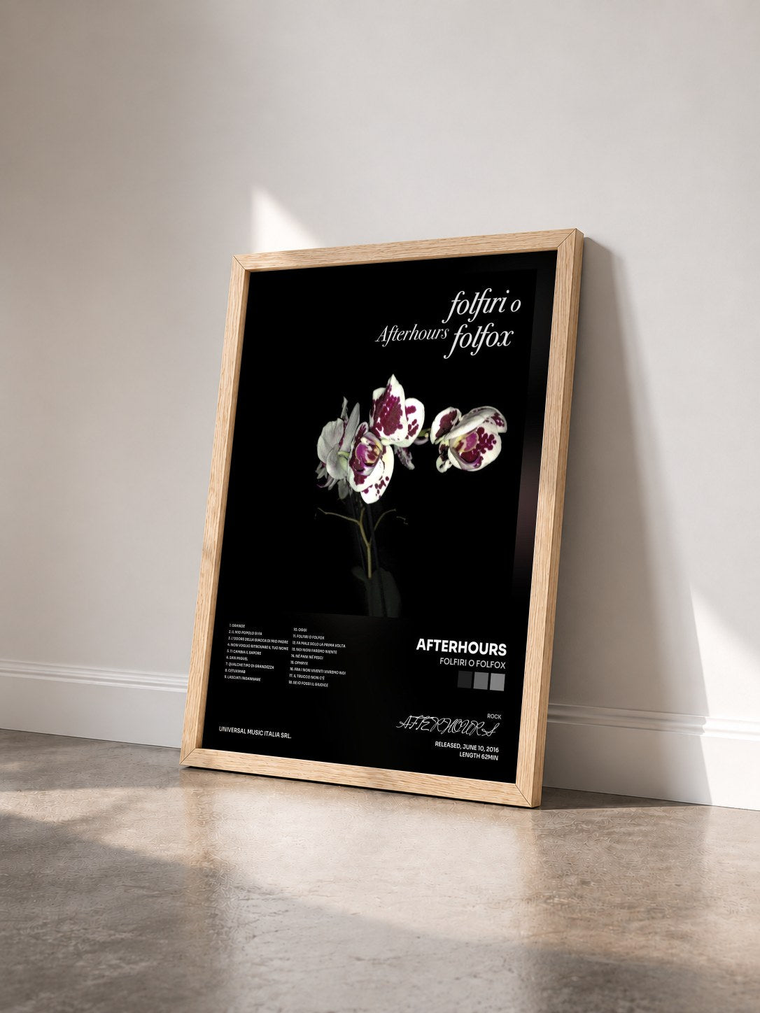 #bois Tableau de l'album Folfiri o Folfox de AFTERHOURS vu de trois quarts, cadre en bois brut
