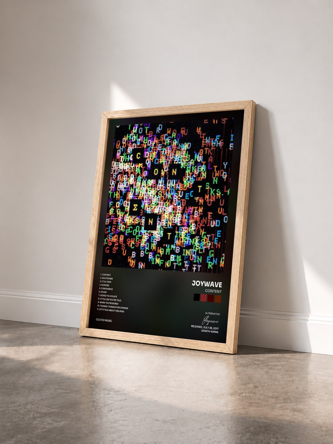 #bois Tableau de l'album Content de Joywave vu de trois quarts, cadre en bois brut