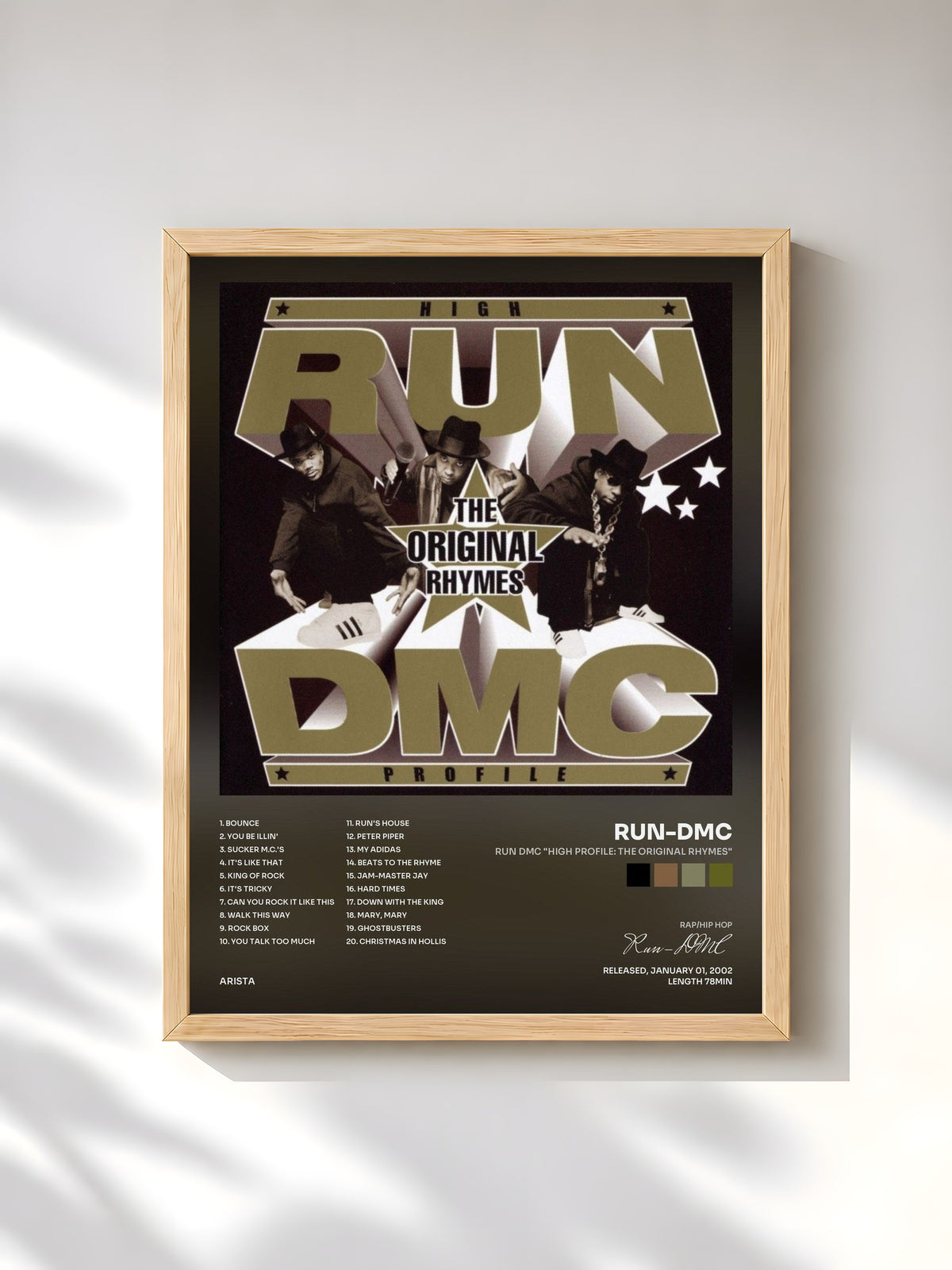 #bois Tableau de l'album RUN DMC "High Profile: The Original Rhymes" de Run-DMC, cadre en bois brut, imprimé et encadré en France