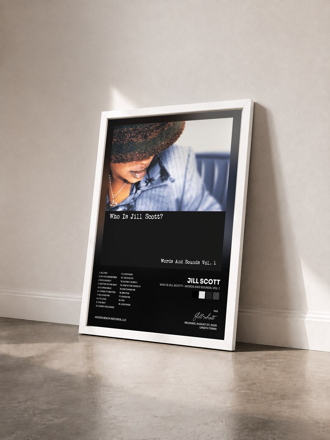 #blanc Tableau de l'album Who Is Jill Scott? - Words and Sounds, Vol. 1 de Jill Scott vu de trois quarts, cadre blanc