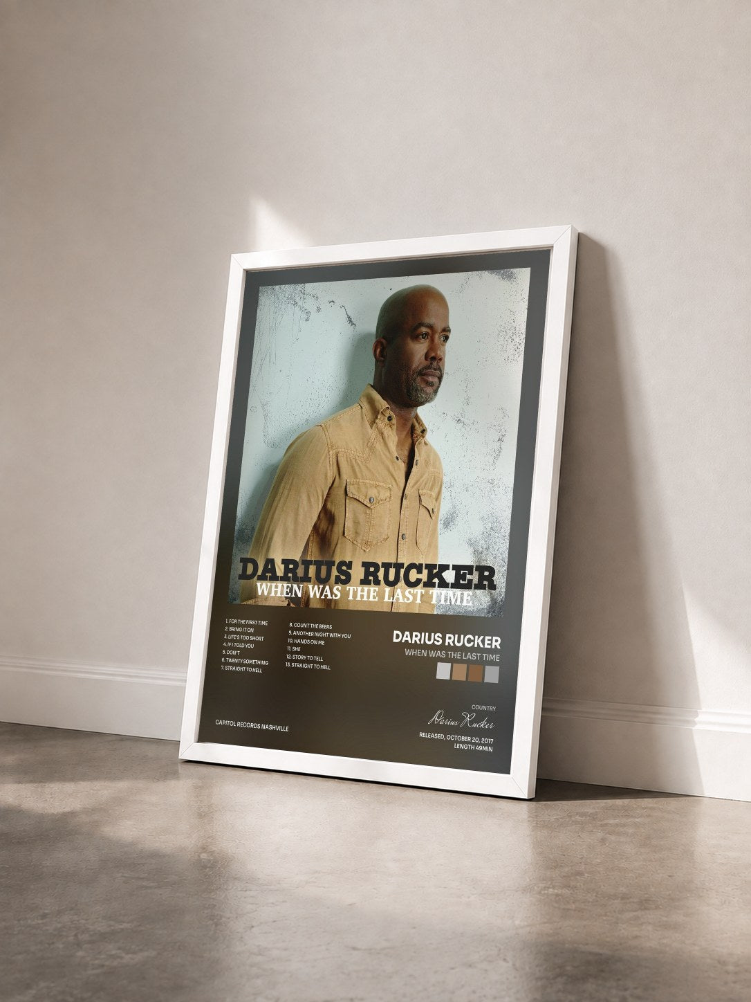 #blanc Tableau de l'album When Was The Last Time de Darius Rucker vu de trois quarts, cadre blanc