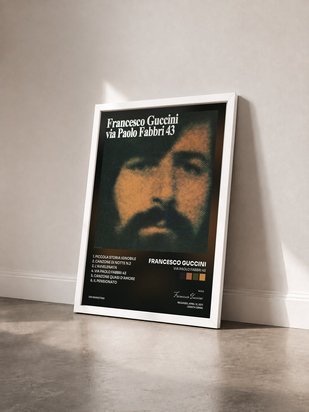 #blanc Tableau de l'album Via Paolo Fabbri 43 de Francesco Guccini vu de trois quarts, cadre blanc