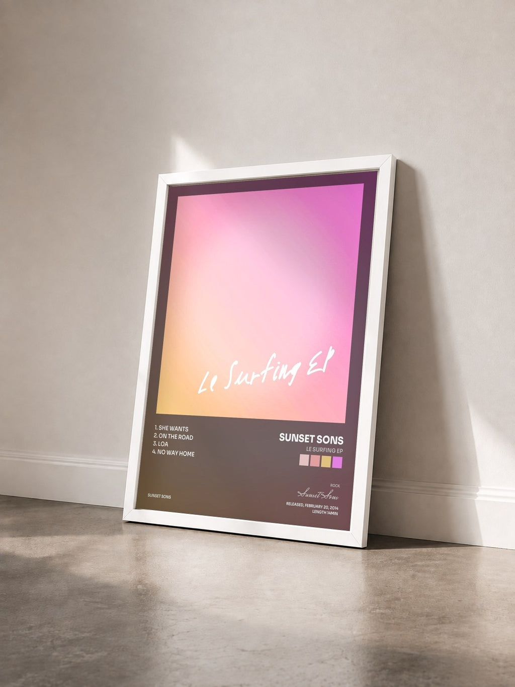 #blanc Tableau de l'album Le Surfing EP de Sunset Sons vu de trois quarts, cadre blanc