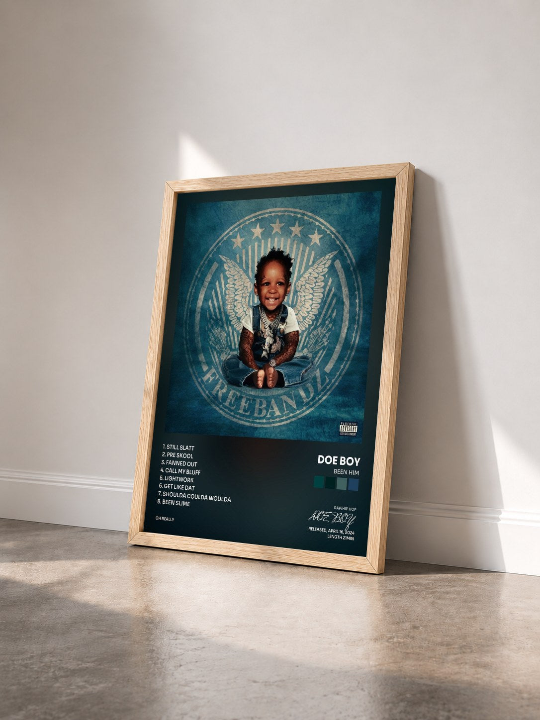 #bois Tableau de l'album BEEN HIM de DOE BOY vu de trois quarts, cadre en bois brut