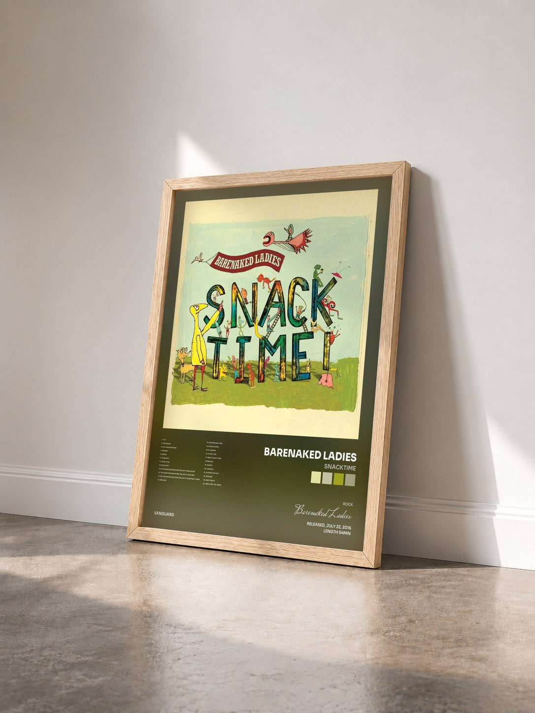 #bois Tableau de l'album Snacktime de Barenaked Ladies vu de trois quarts, cadre en bois brut