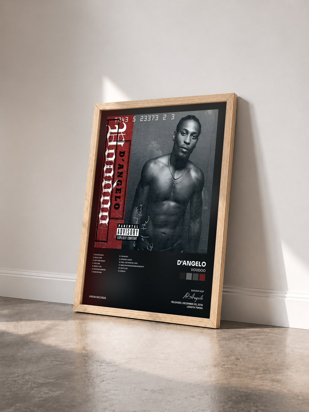 #bois Tableau de l'album Voodoo de D'Angelo vu de trois quarts, cadre en bois brut