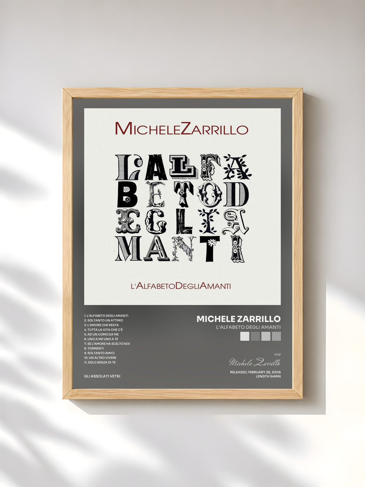 #bois Tableau de l'album L'Alfabeto Degli Amanti de Michele Zarrillo, cadre en bois brut, imprimé et encadré en France
