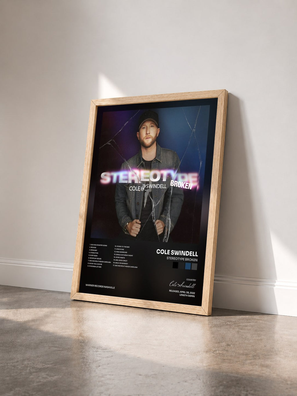 #bois Tableau de l'album Stereotype Broken de Cole Swindell vu de trois quarts, cadre en bois brut