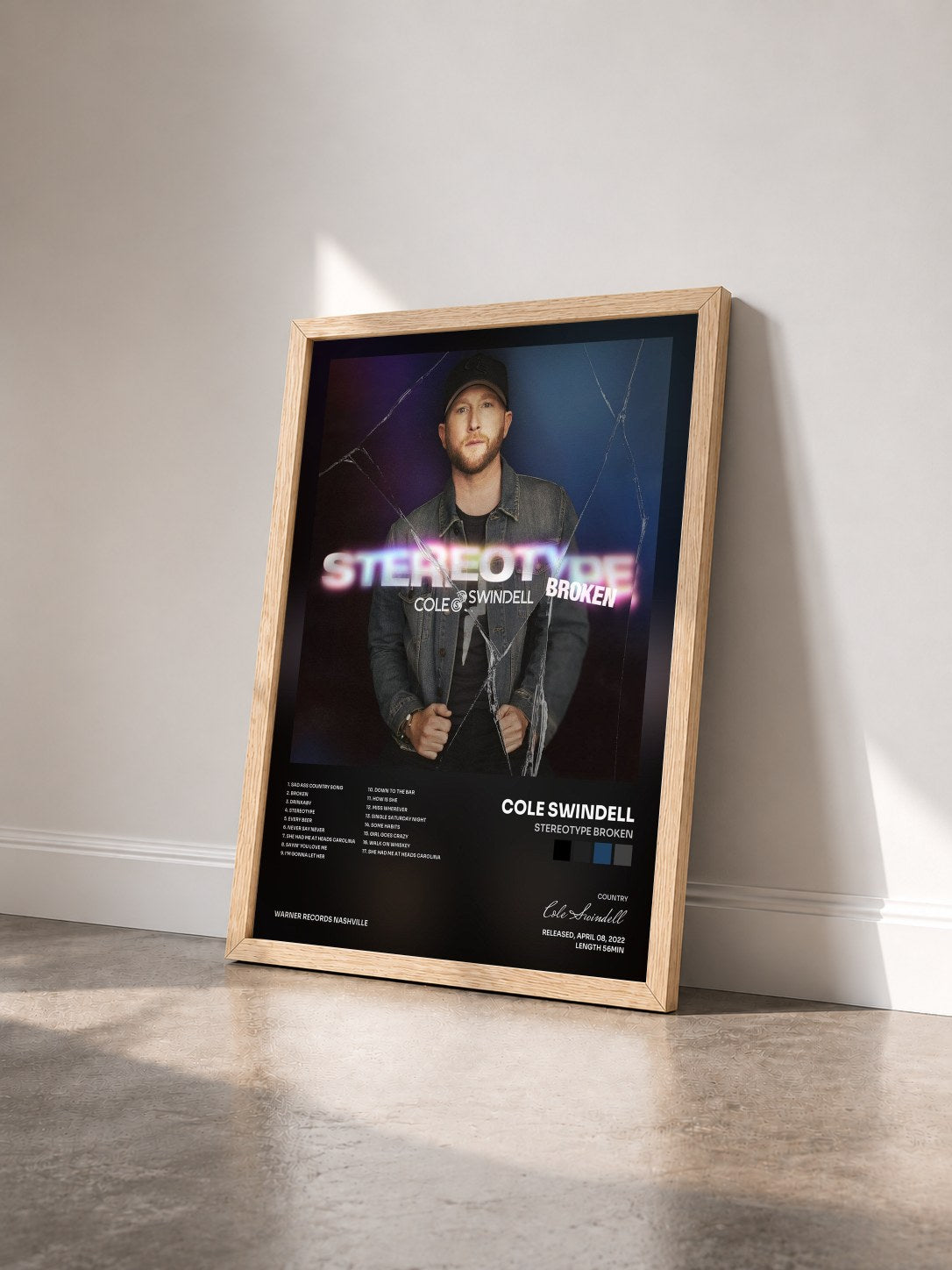 #bois Tableau de l'album Stereotype Broken de Cole Swindell vu de trois quarts, cadre en bois brut
