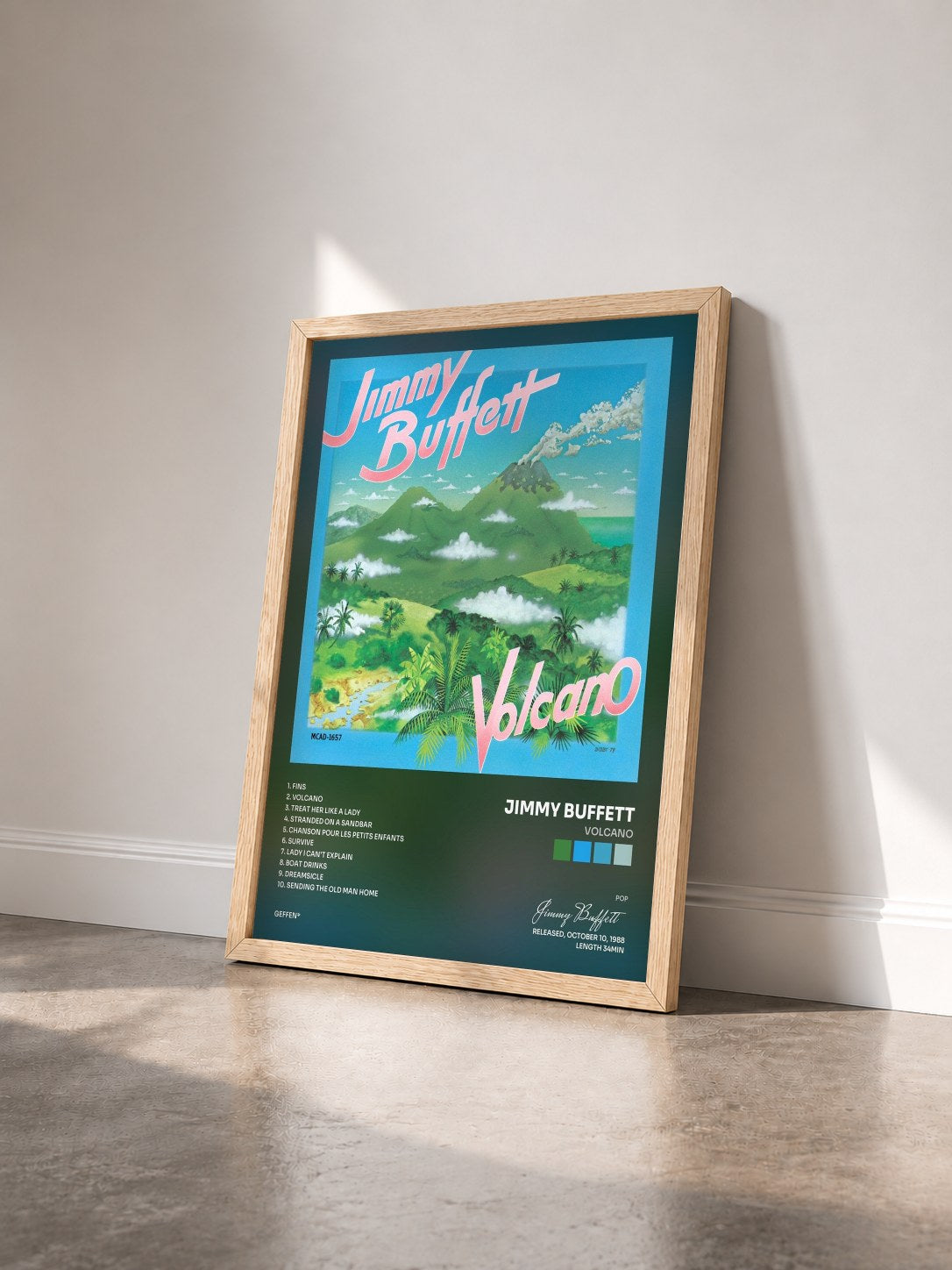 #bois Tableau de l'album Volcano de Jimmy Buffett vu de trois quarts, cadre en bois brut