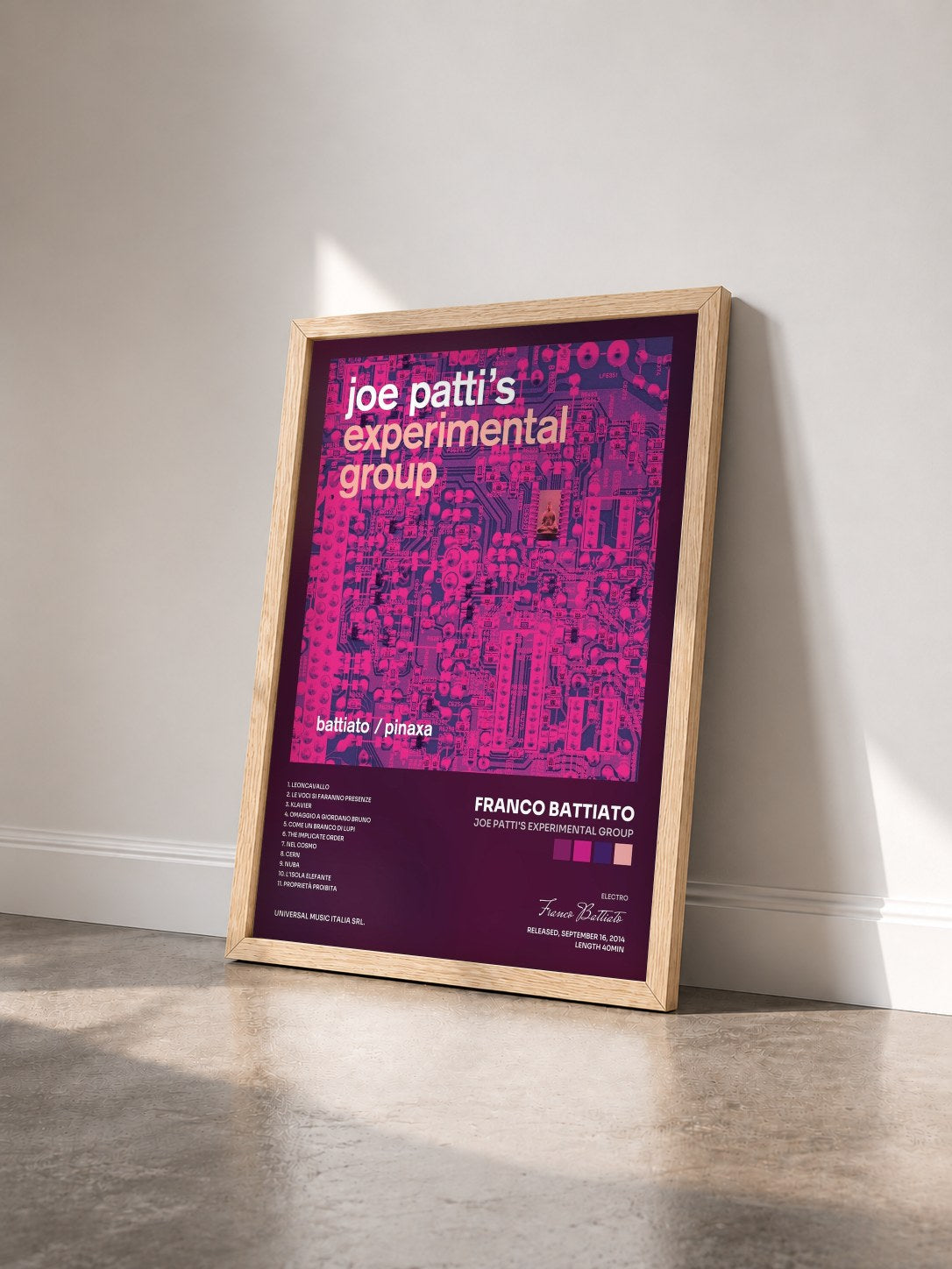 #bois Tableau de l'album Joe Patti's Experimental Group de Franco Battiato vu de trois quarts, cadre en bois brut