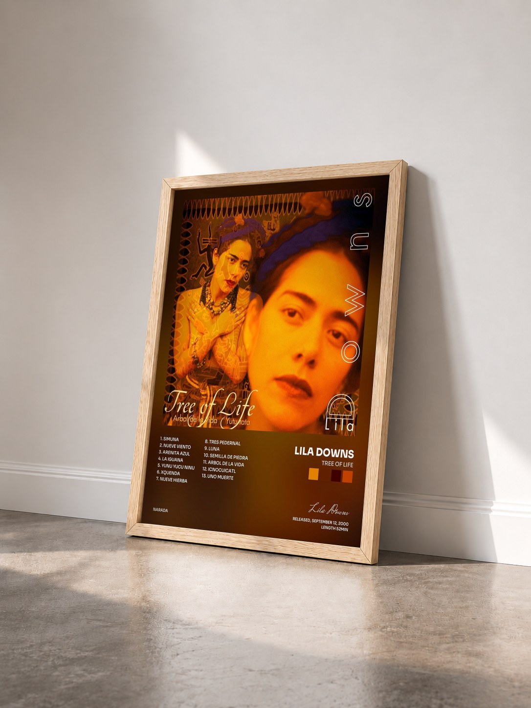 #bois Tableau de l'album Tree Of Life de Lila Downs vu de trois quarts, cadre en bois brut