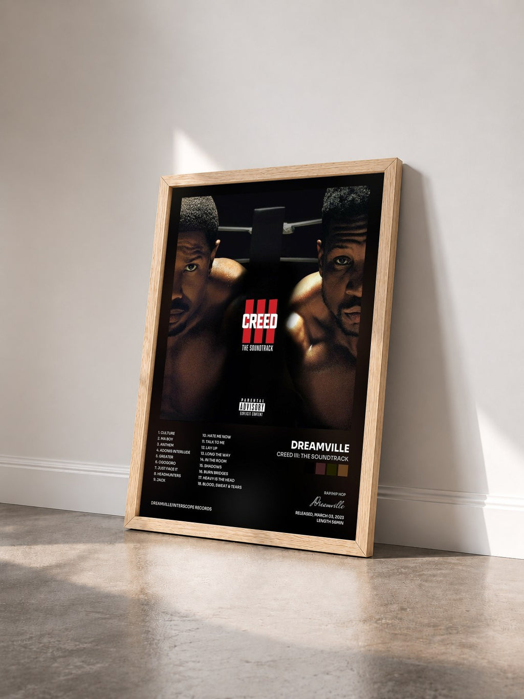 #bois Tableau de l'album Creed III: The Soundtrack de Dreamville vu de trois quarts, cadre en bois brut