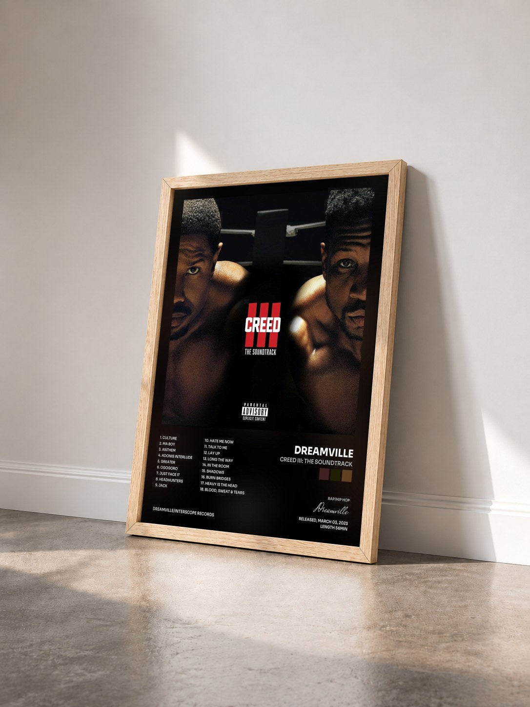 #bois Tableau de l'album Creed III: The Soundtrack de Dreamville vu de trois quarts, cadre en bois brut