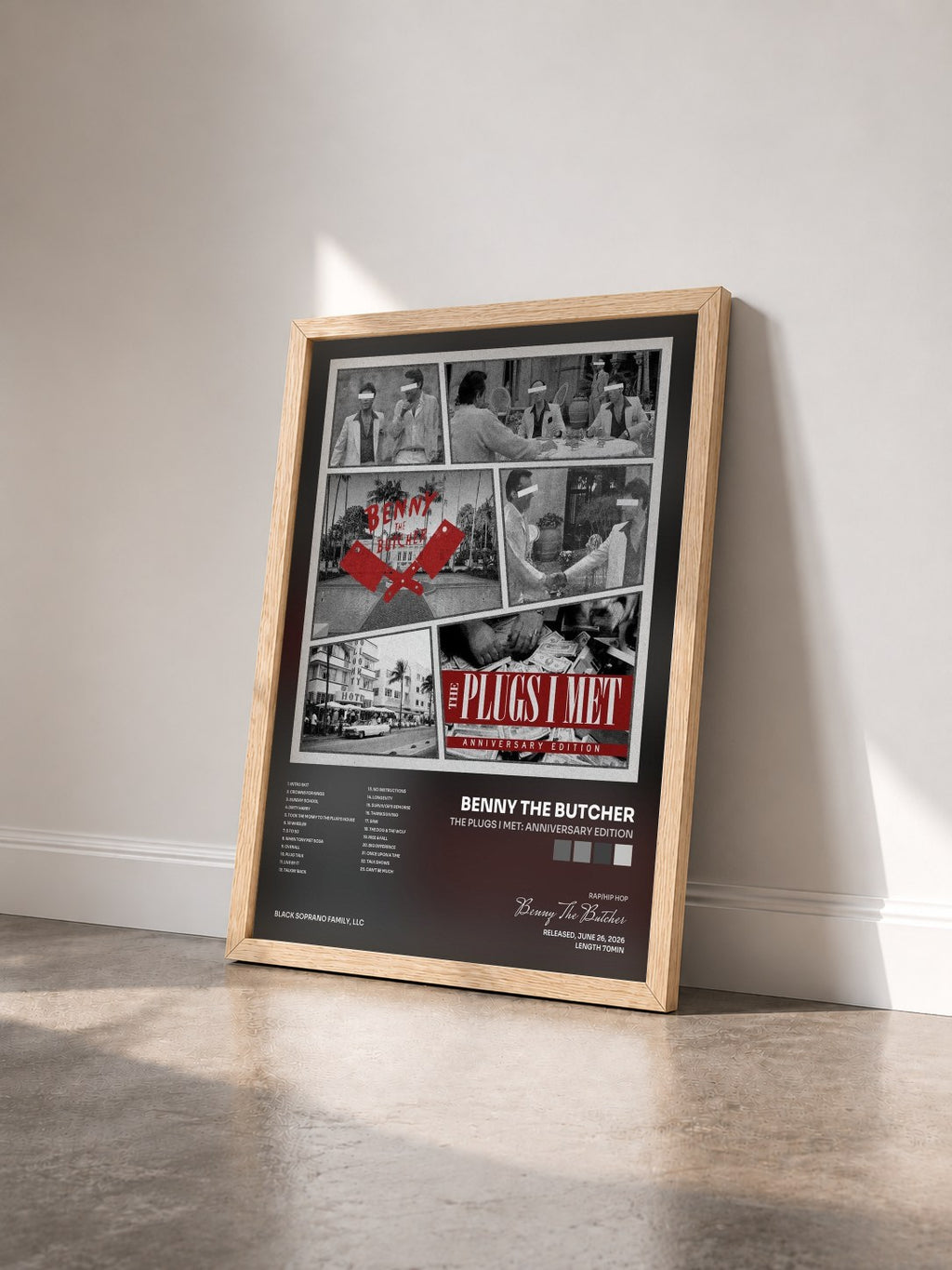 #bois Tableau de l'album The Plugs I Met: Anniversary Edition de Benny The Butcher vu de trois quarts, cadre en bois brut