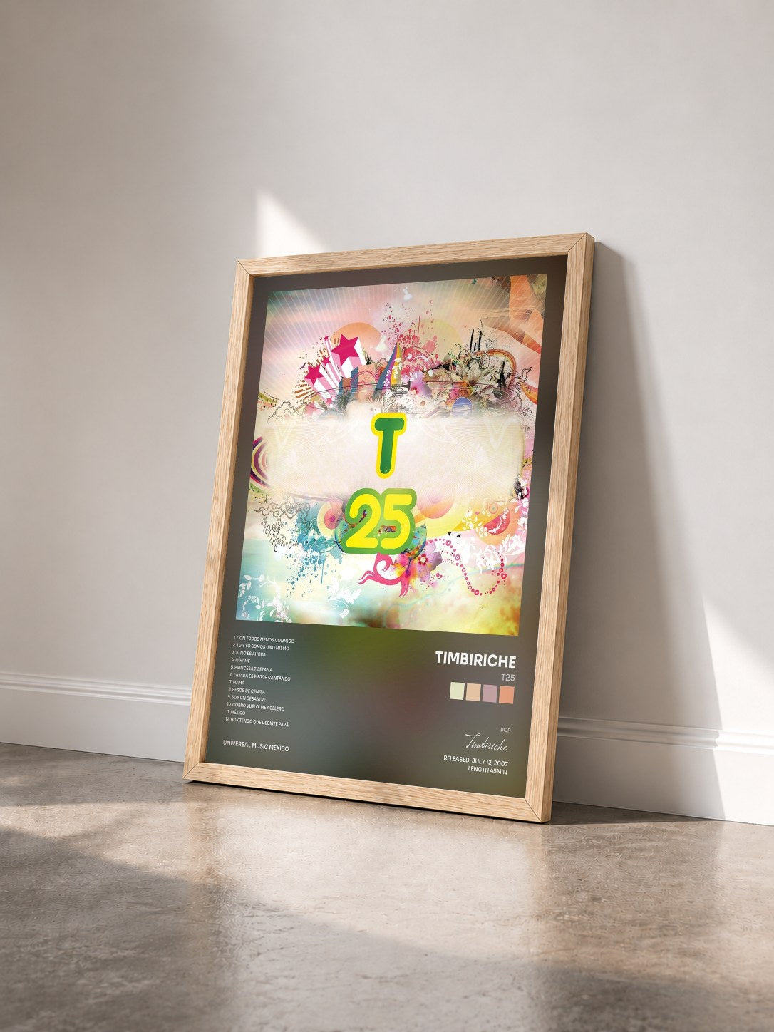 #bois Tableau de l'album T25 de Timbiriche vu de trois quarts, cadre en bois brut