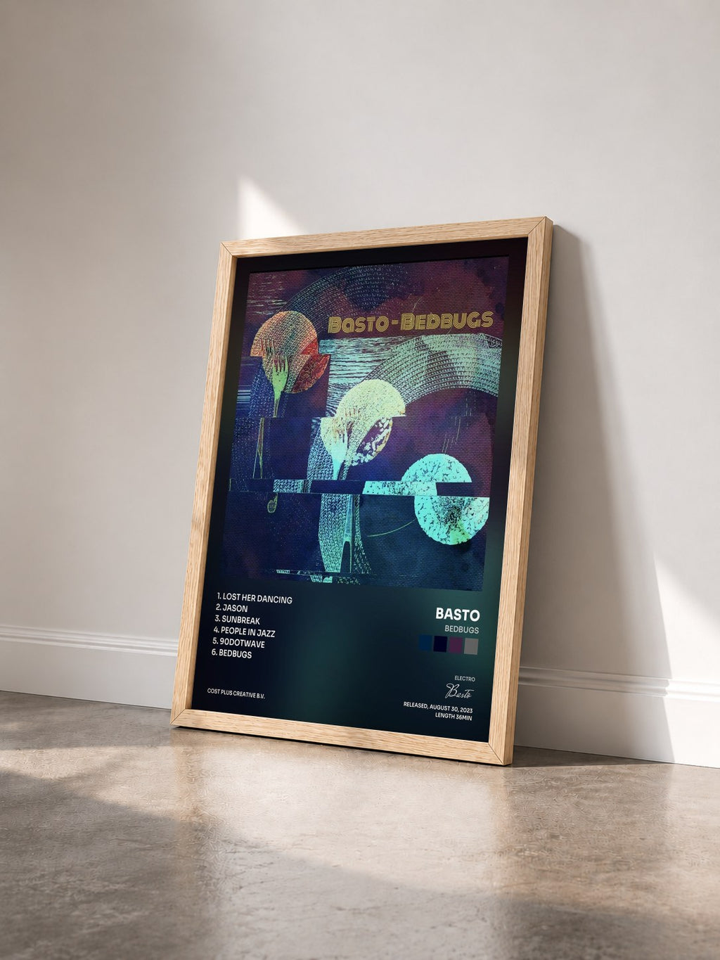 #bois Tableau de l'album Bedbugs de Basto vu de trois quarts, cadre en bois brut