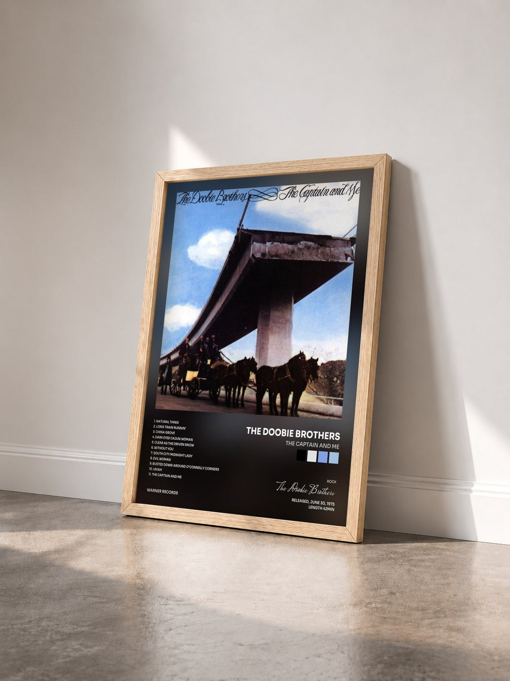 #bois Tableau de l'album The Captain and Me de The Doobie Brothers vu de trois quarts, cadre en bois brut