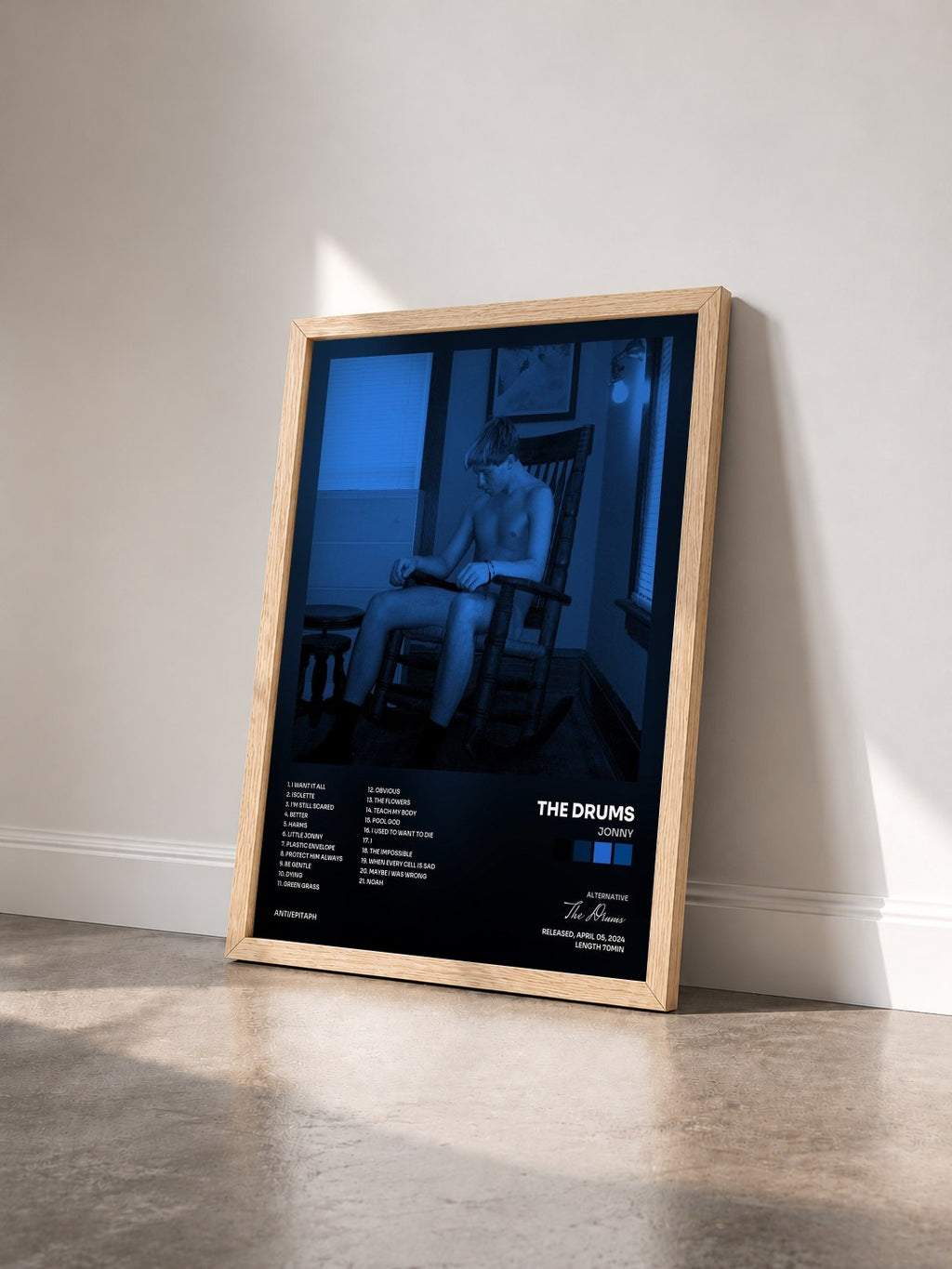 #bois Tableau de l'album Jonny de The Drums vu de trois quarts, cadre en bois brut