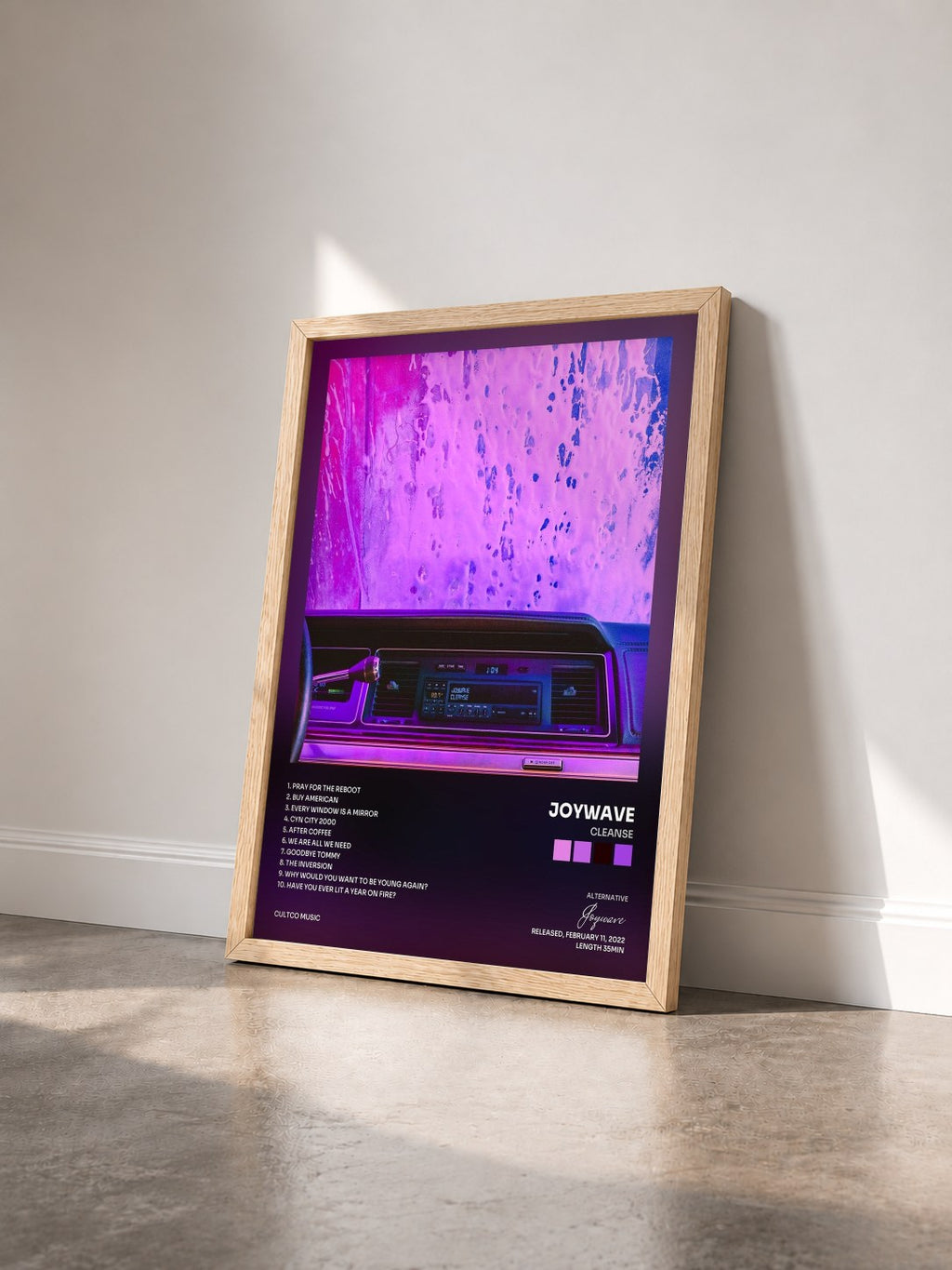 #bois Tableau de l'album Cleanse de Joywave vu de trois quarts, cadre en bois brut