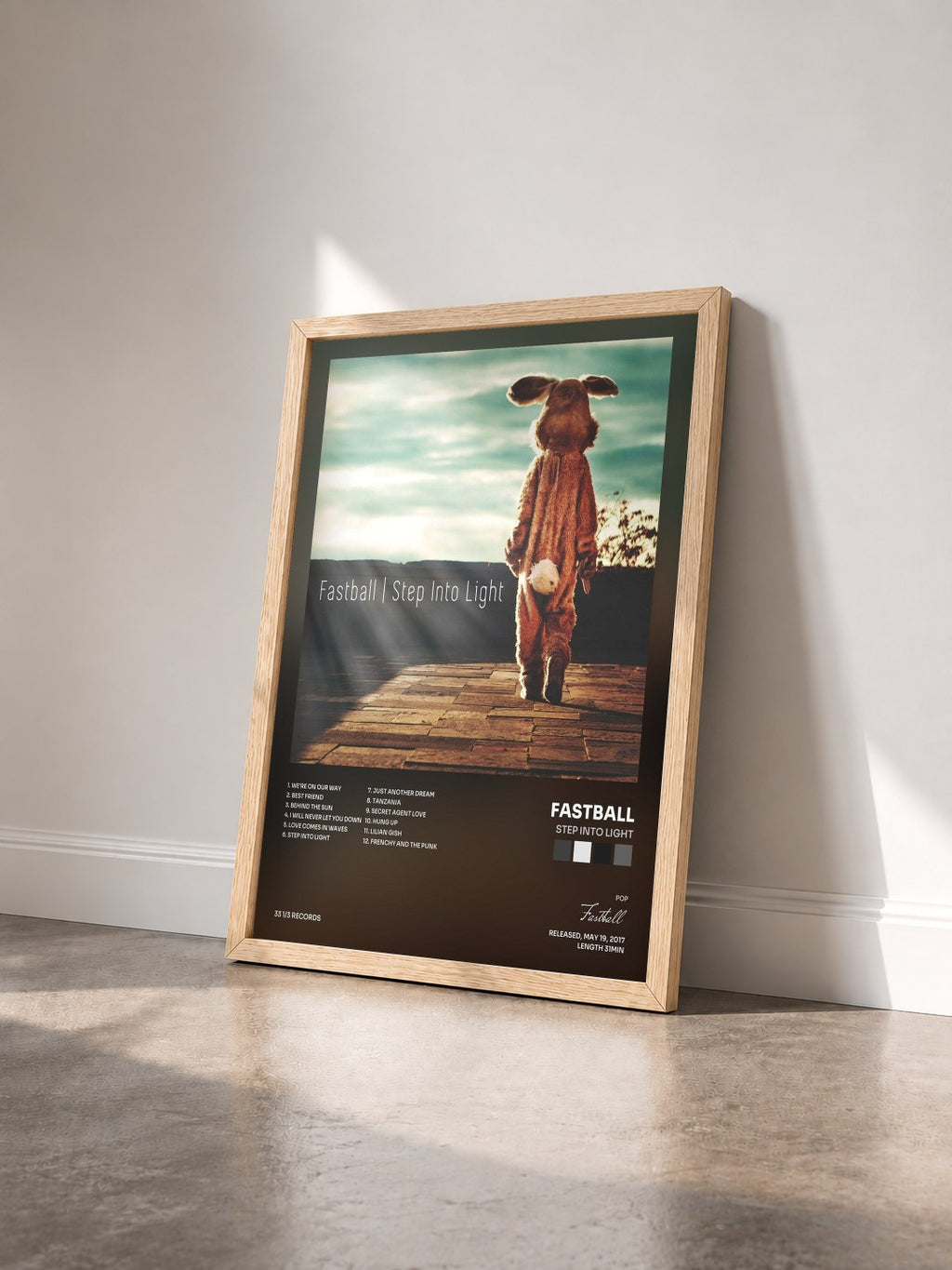 #bois Tableau de l'album Step Into Light de Fastball vu de trois quarts, cadre en bois brut