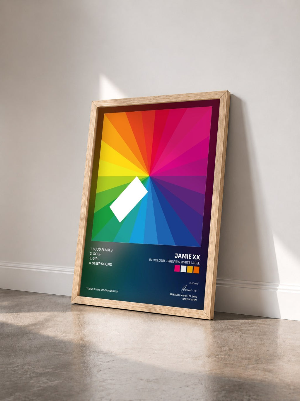 #bois Tableau de l'album In Colour - Preview White Label de Jamie xx vu de trois quarts, cadre en bois brut