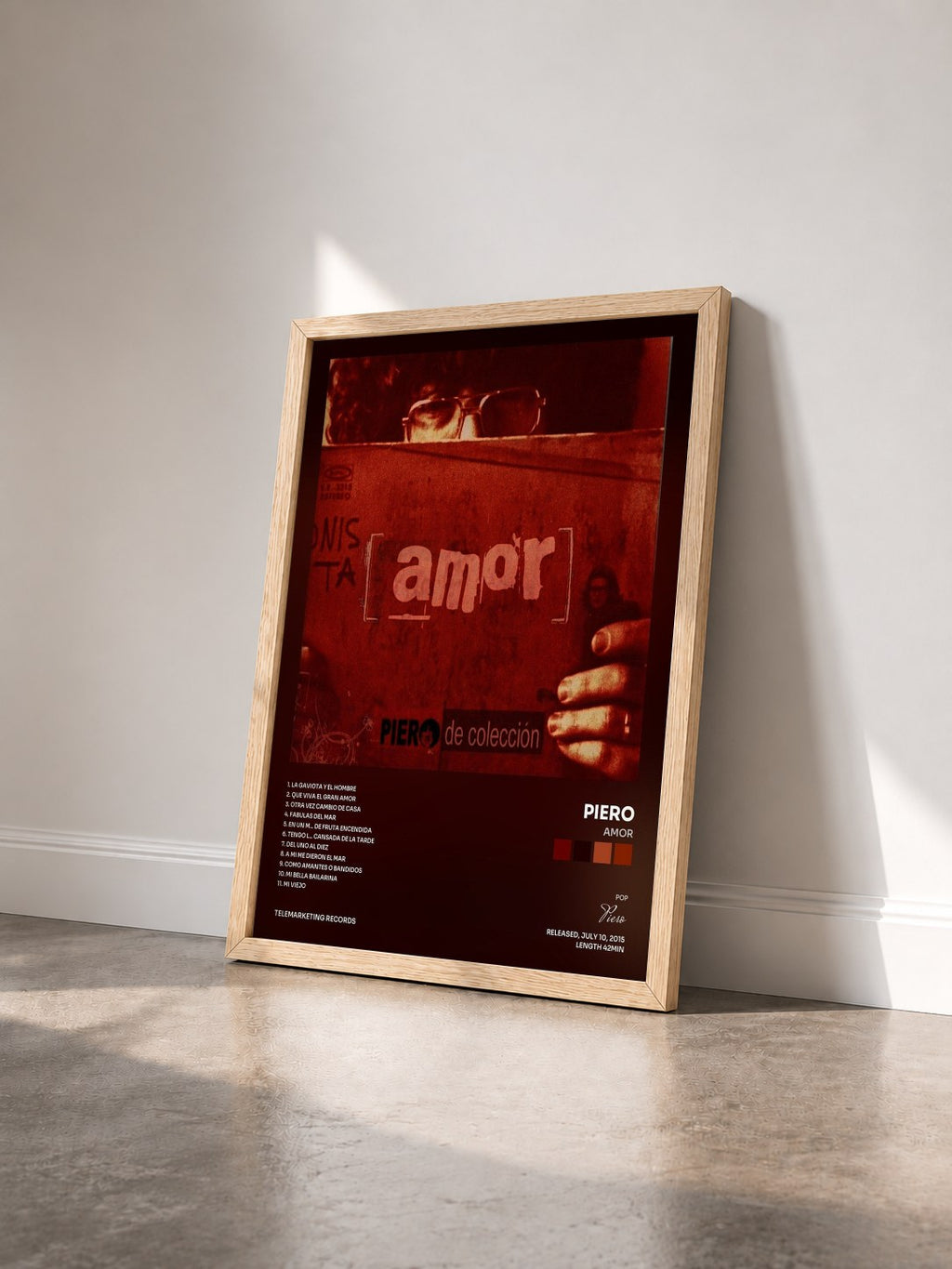 #bois Tableau de l'album Amor de Piero vu de trois quarts, cadre en bois brut