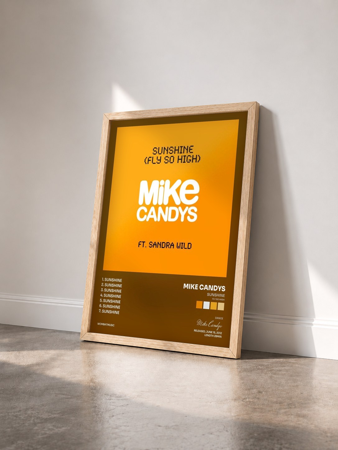 #bois Tableau de l'album Sunshine (Fly so High) de Mike Candys vu de trois quarts, cadre en bois brut