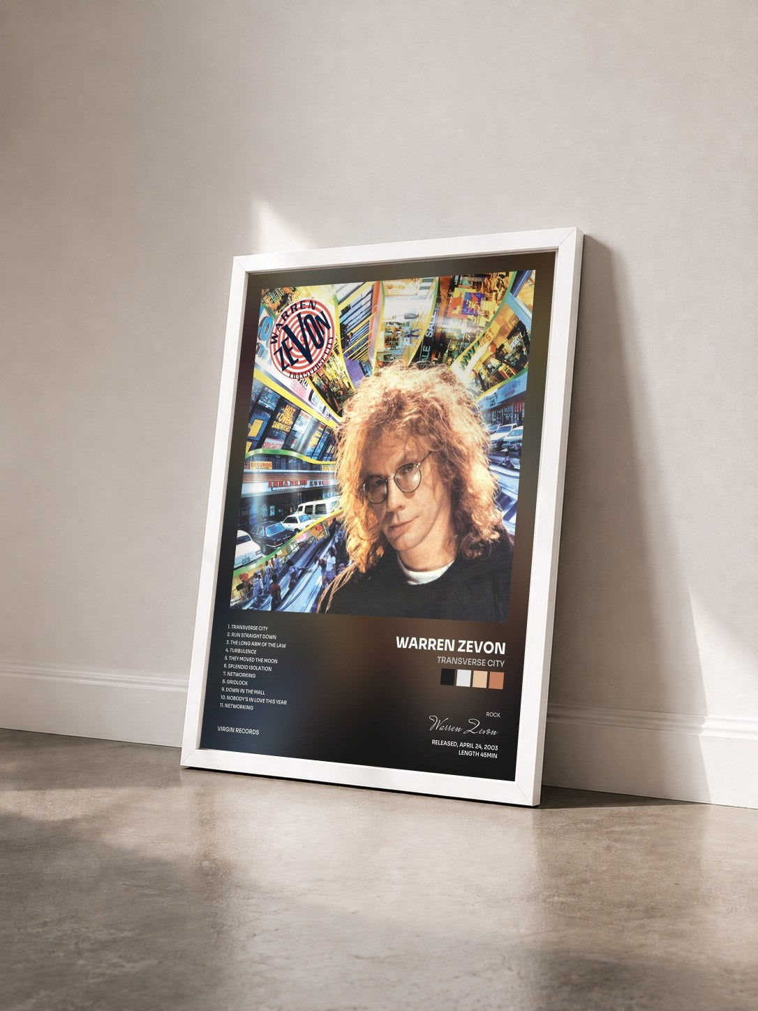 #blanc Tableau de l'album Transverse City de Warren Zevon vu de trois quarts, cadre blanc