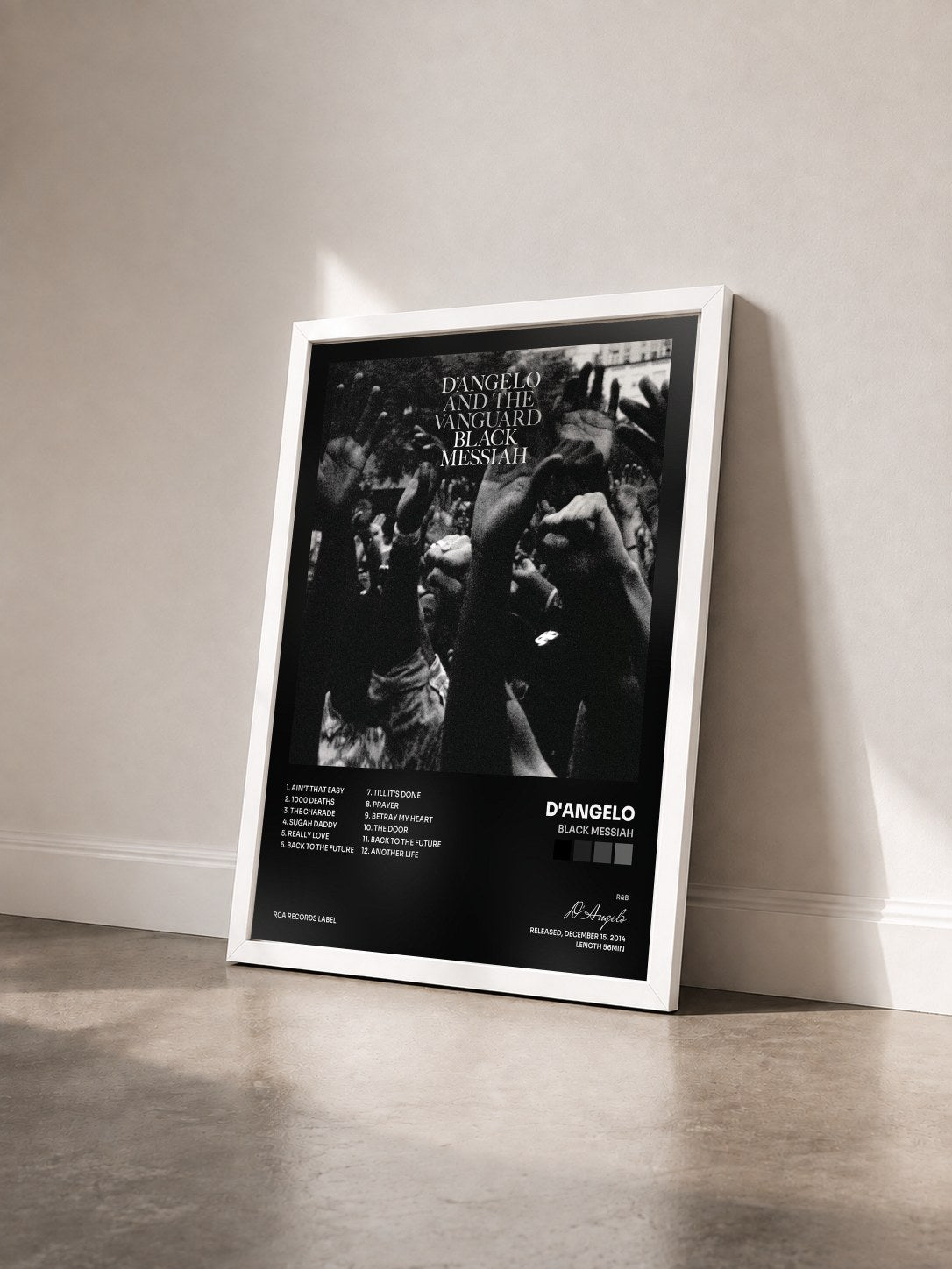 #blanc Tableau de l'album Black Messiah de D'Angelo vu de trois quarts, cadre blanc