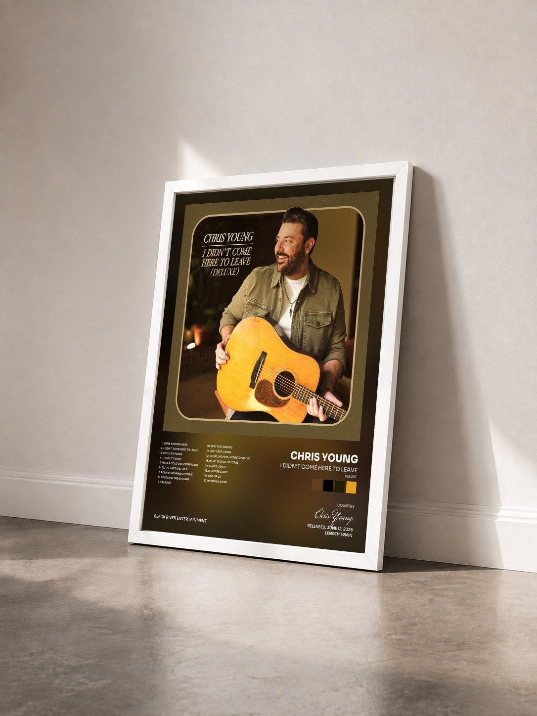 #blanc Tableau de l'album I Didn't Come Here To Leave (Deluxe) de Chris Young vu de trois quarts, cadre blanc