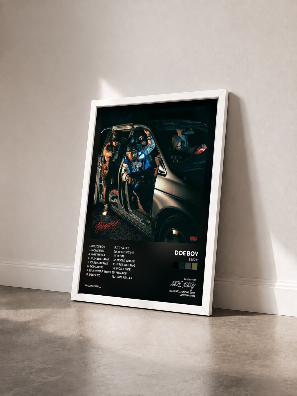 #blanc Tableau de l'album BEEZY de DOE BOY vu de trois quarts, cadre blanc