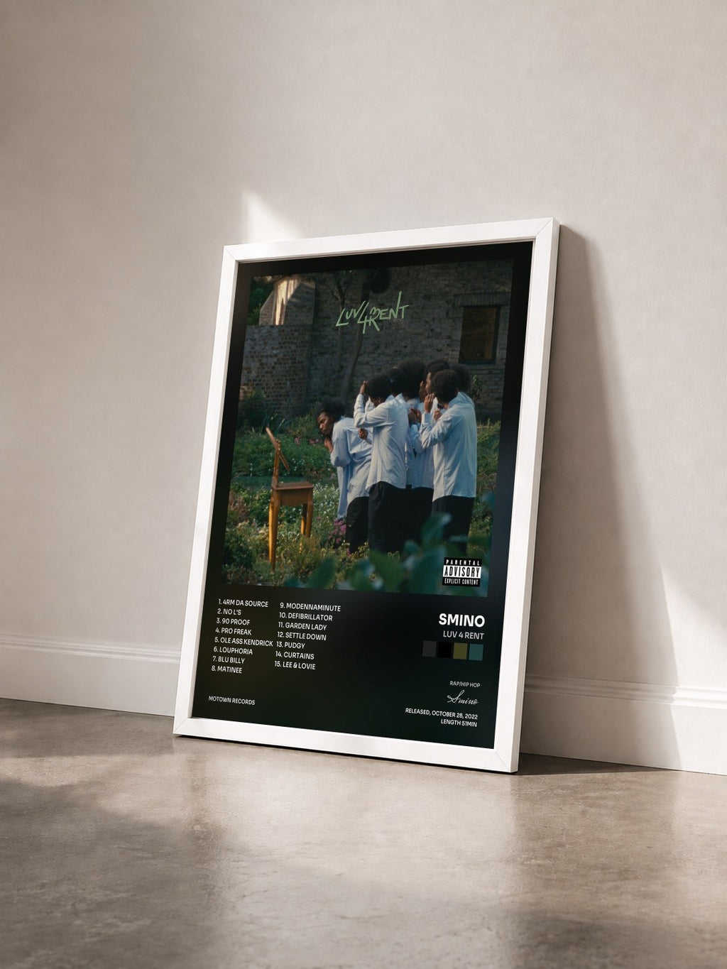 #blanc Tableau de l'album Luv 4 Rent de Smino vu de trois quarts, cadre blanc