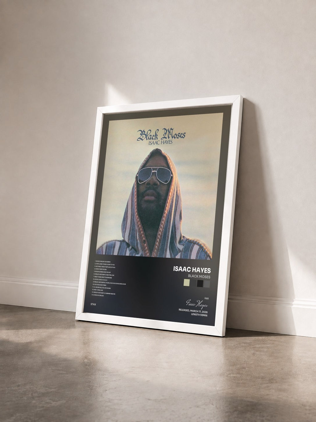 #blanc Tableau de l'album Black Moses de Isaac Hayes vu de trois quarts, cadre blanc