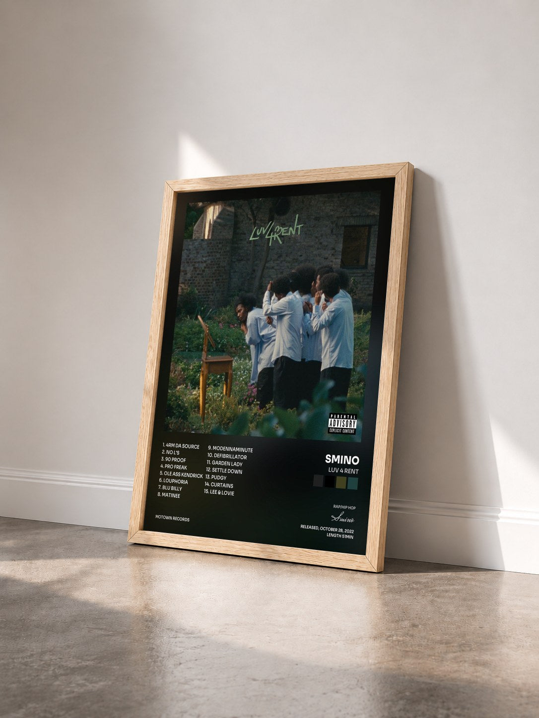 #bois Tableau de l'album Luv 4 Rent de Smino vu de trois quarts, cadre en bois brut