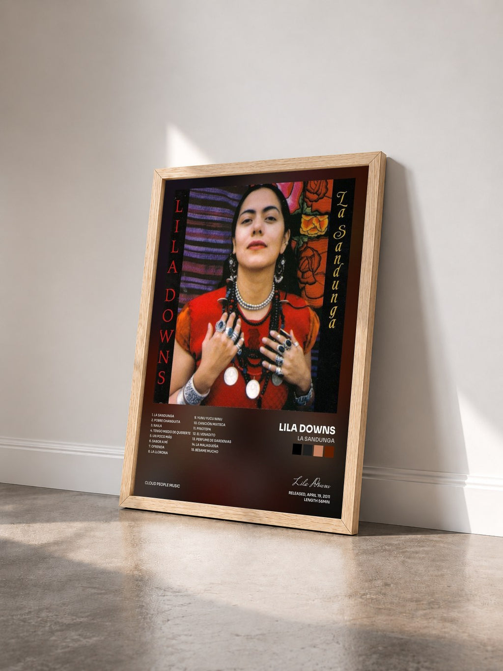 #bois Tableau de l'album La Sandunga de Lila Downs vu de trois quarts, cadre en bois brut