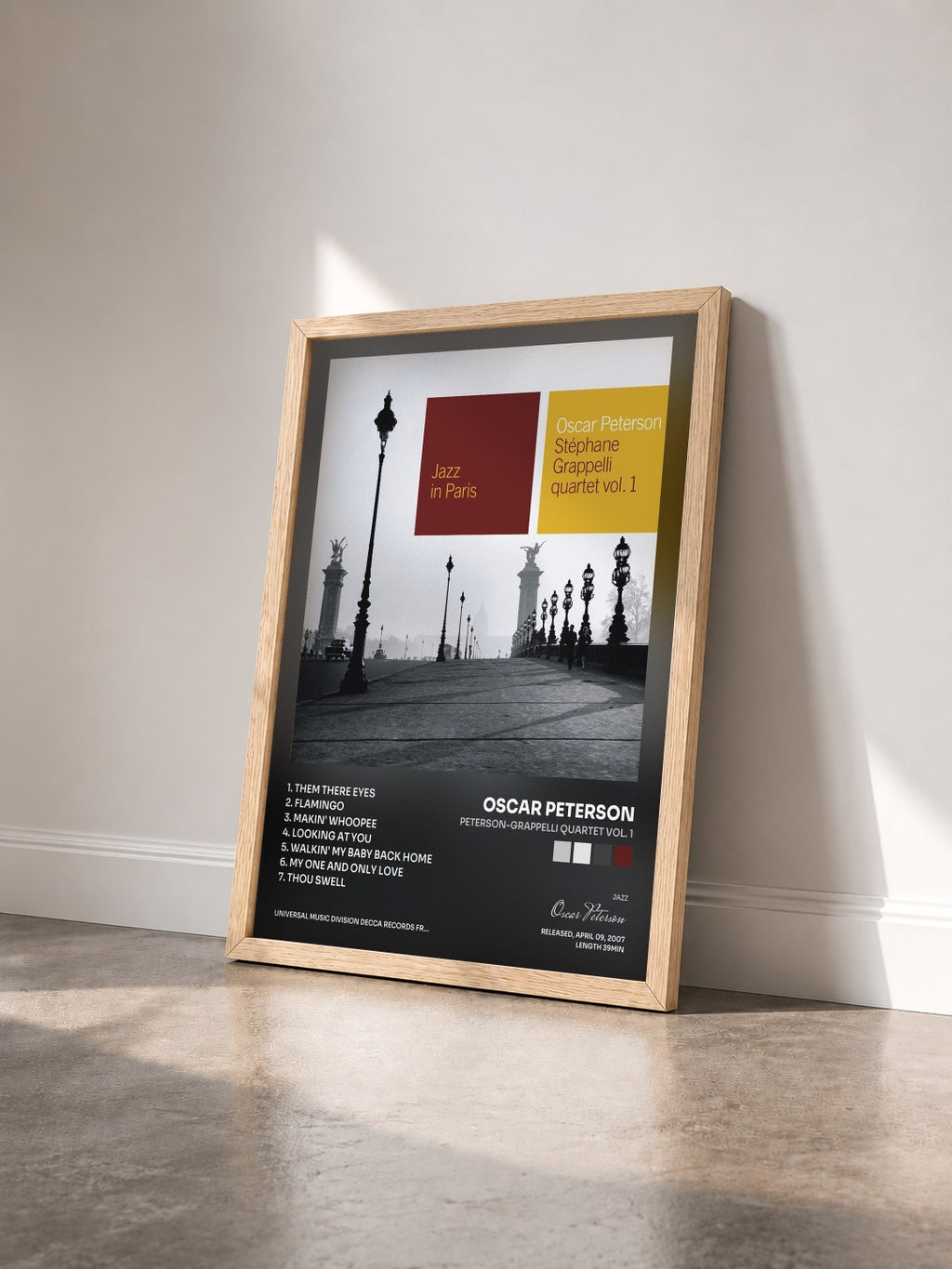 #bois Tableau de l'album Peterson-Grappelli Quartet Vol. 1 de Oscar Peterson vu de trois quarts, cadre en bois brut